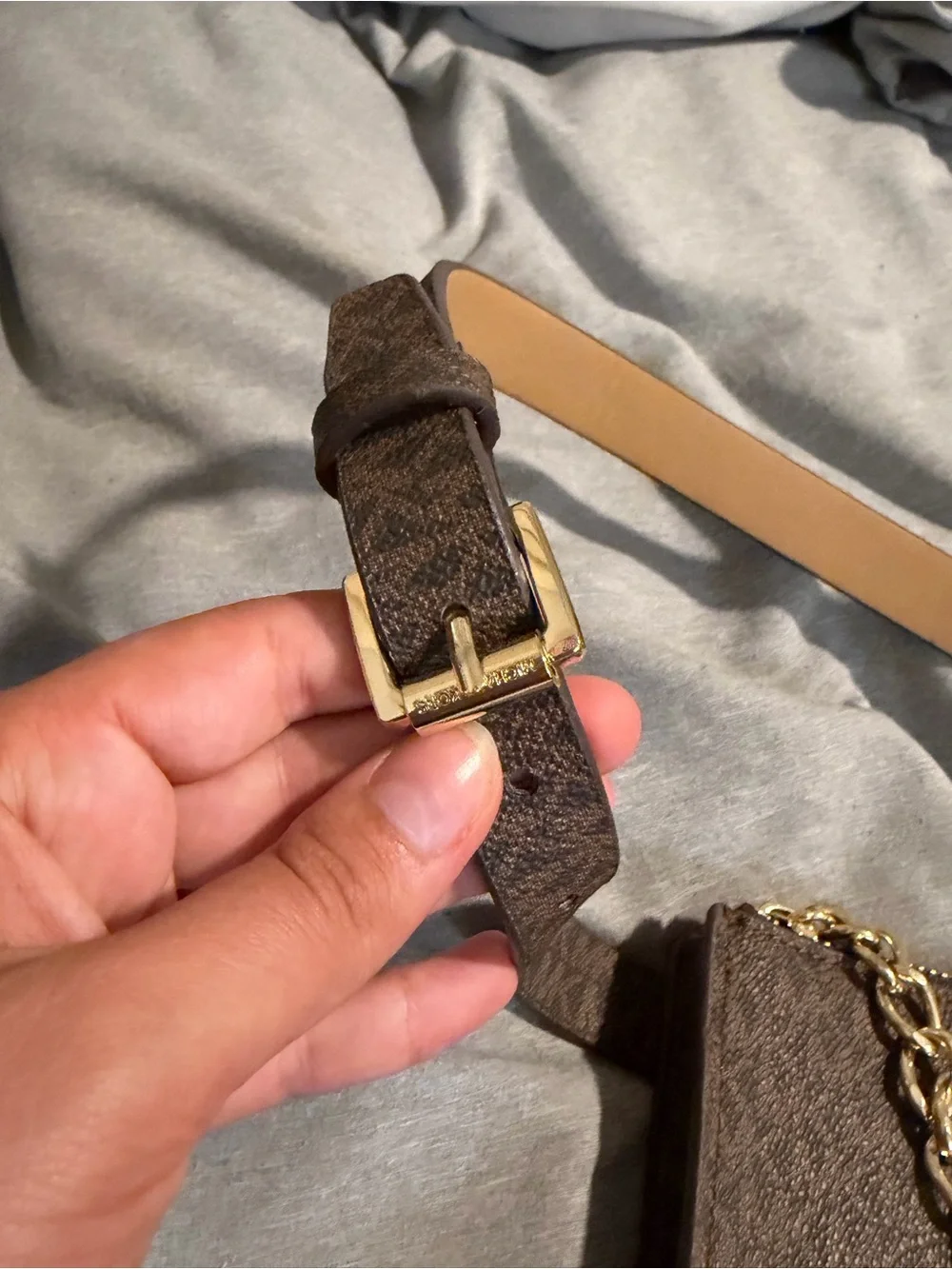 Michael Kors Brown Monogram Belt Bag with Gold Chain